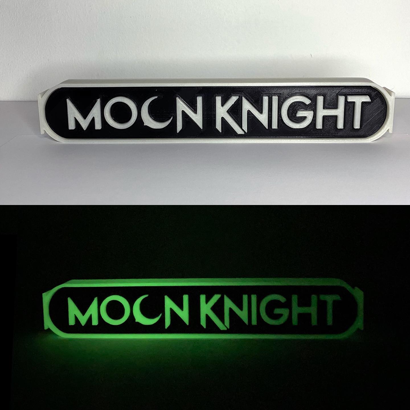 Glow In The Dark MoonKnight Logo 2 colors 3 layers white black white 25cm width, 4.5 cm Height, 2cm thickness