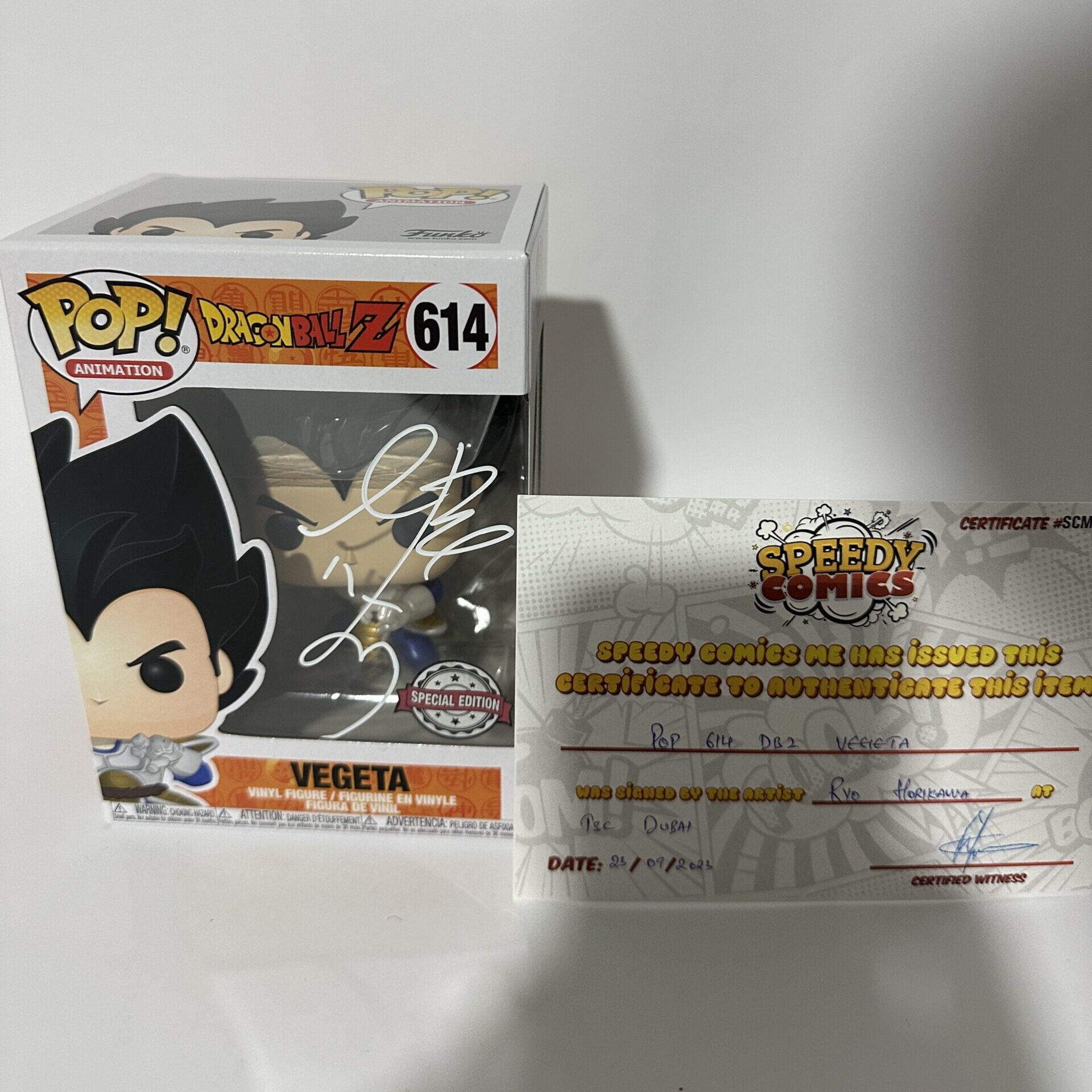Ryo Horikawa Japanese voice actor signed Funko Pop! - DragonBall Z - Vegeta Metallic 614 + spedycomics certficate